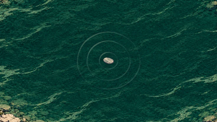 A stone landing in a jade lake, with ripples spreading across the surface